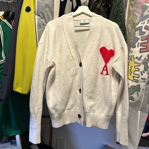 Ami Paris White w/ Red Heart Cotton Wool Mixed Cardigan